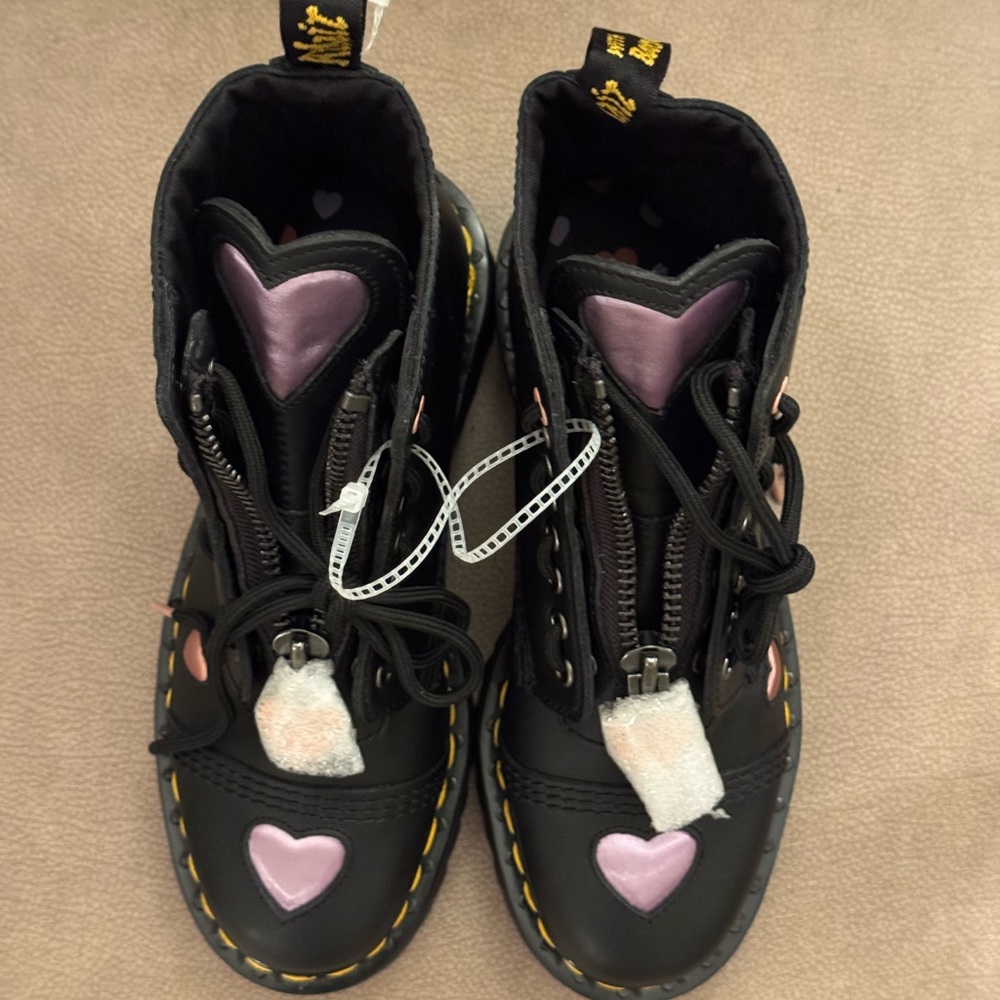 Dr. Martens Black Lace Up Boots with Pink and Purple Hearts - Picture 4 of 15